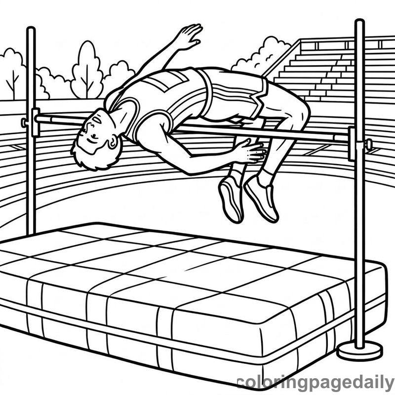 Athlete Clearing High Jump Bar - Daily printable coloring page in Sports category