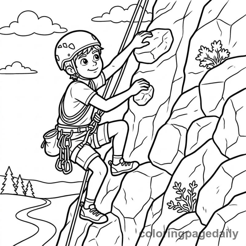Athlete Scaling Mountain Cliff - Daily printable coloring page in Sports category