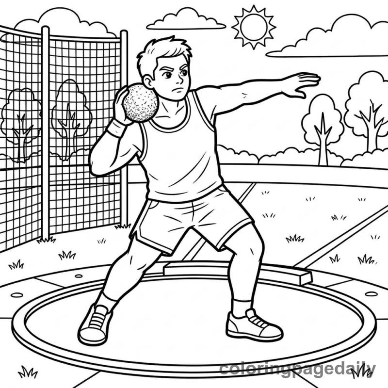 Athlete Throwing Shot Put - Daily printable coloring page in Sports category
