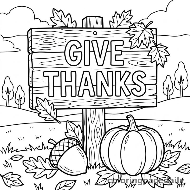 Autumn Give Thanks Sign - Daily printable coloring page in Thanksgiving category