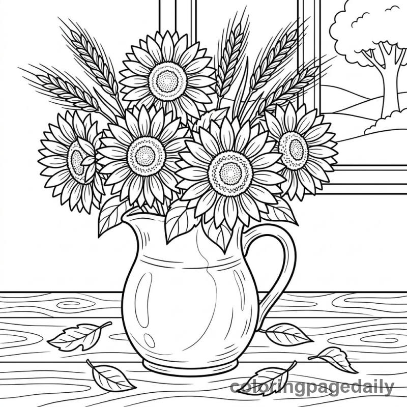 Autumn Sunflower Bouquet - Daily printable coloring page in Thanksgiving category