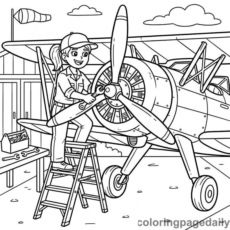 Aviation Mechanic Repairing Propeller - Colored reference example