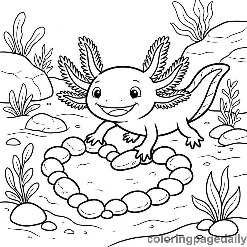 Axolotl Arranging Pebble Heart - Daily printable coloring page in Animals category