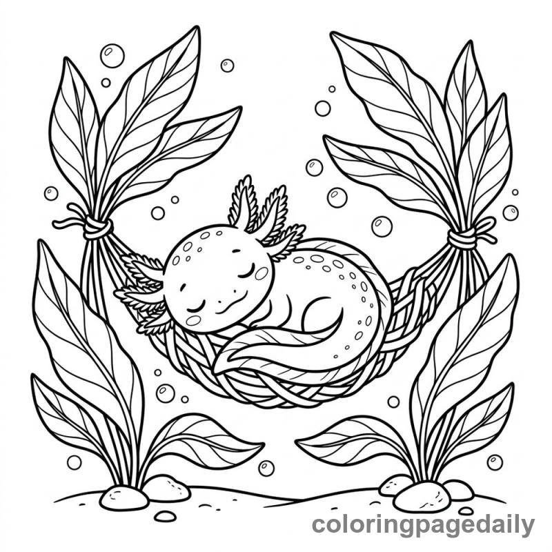Axolotl Sleeping in Seaweed Hammock - Daily printable coloring page in Animals category
