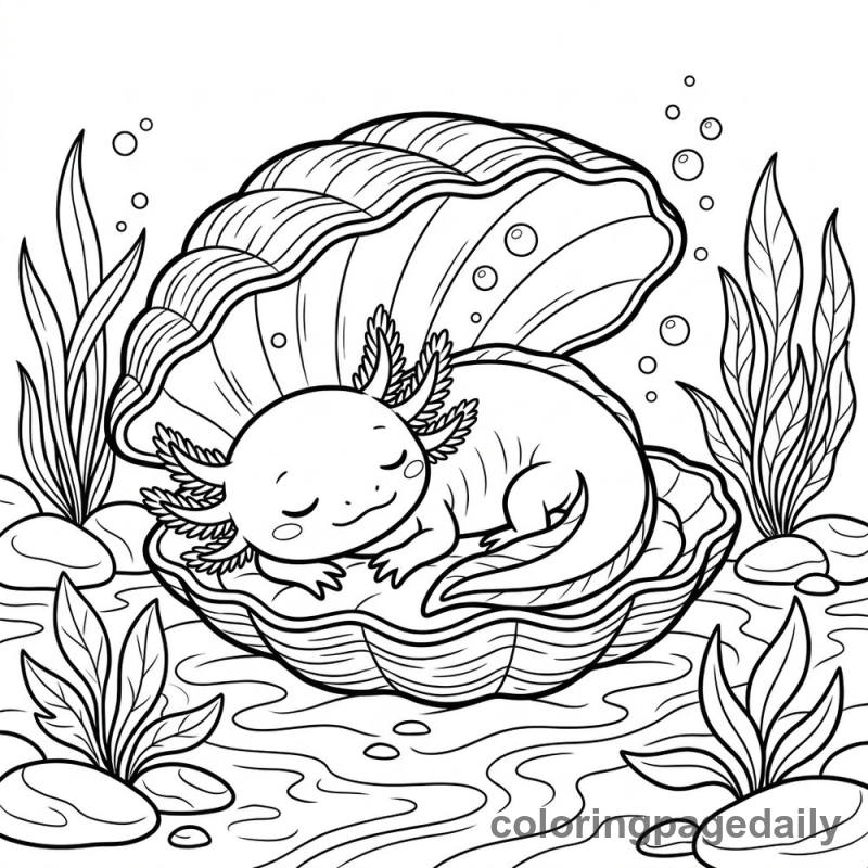 Axolotl Sleeping In Shell - Daily printable coloring page in Animals category