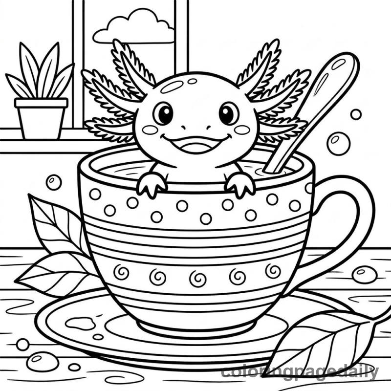 Axolotl Teacup Surprise - Daily printable coloring page in Animals category