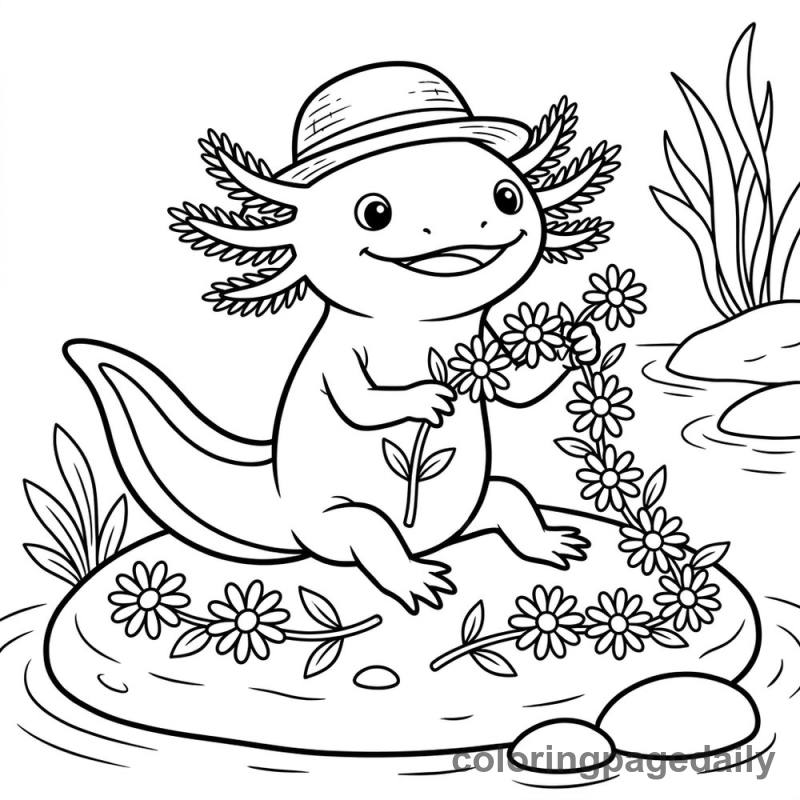 Axolotl Weaving Daisy Chain - Daily printable coloring page in Animals category