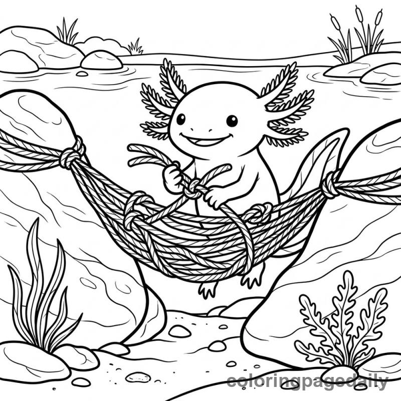 Axolotl Weaving Seagrass Hammock - Daily printable coloring page in Animals category