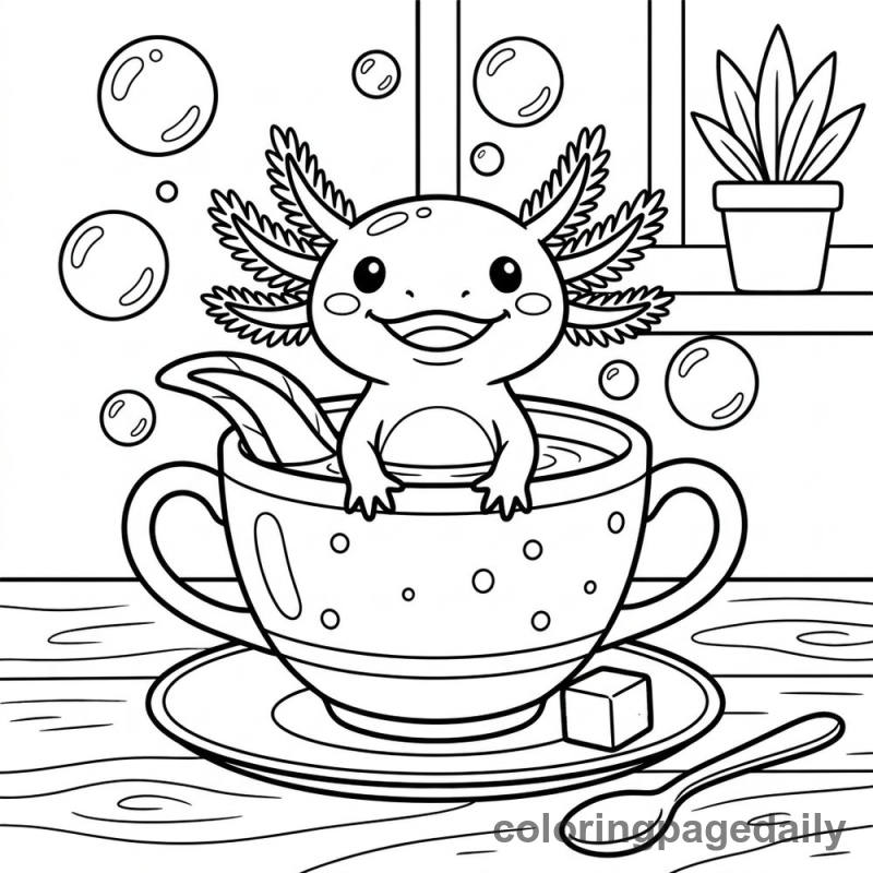 Axolotl's Teacup Swim - Daily printable coloring page in Animals category