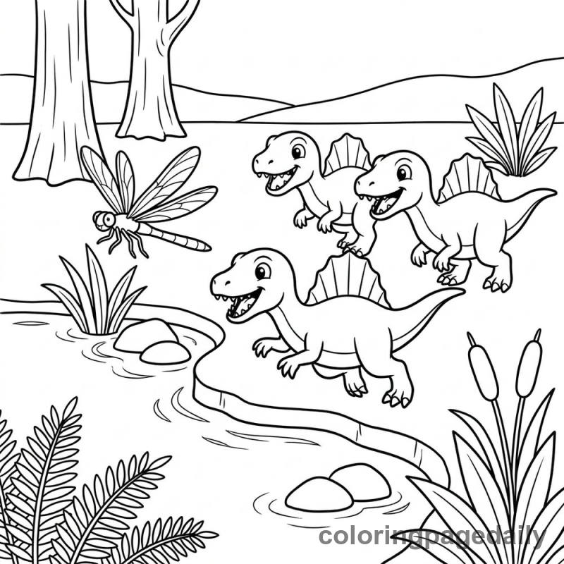 Baby Dinosaurs Chase a Dragonfly - Colored reference example