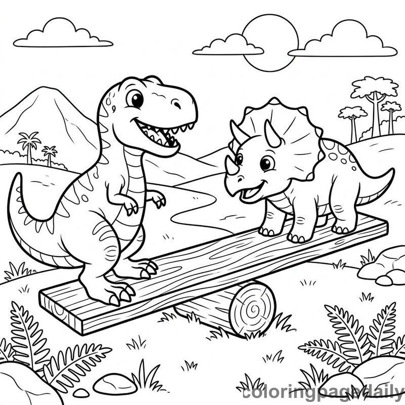 Baby Dinosaurs on Seesaw - Daily printable coloring page in Dinosaur category