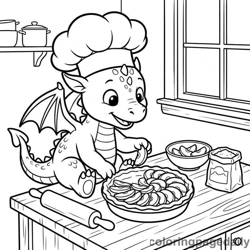 Baby Dragon Baking Apple Pie - Daily printable coloring page in Mythical Creature category