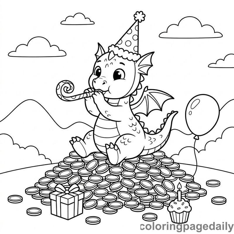 Baby Dragon Birthday Party - Daily printable coloring page in Mythical Creature category