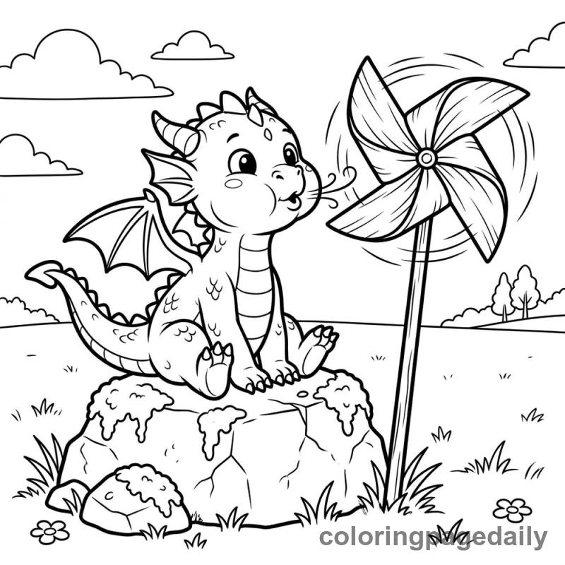 Baby-Drache pustet auf ein Windrad - Tägliches Ausmalbild zum Ausdrucken aus der Kategorie Fabelwesen