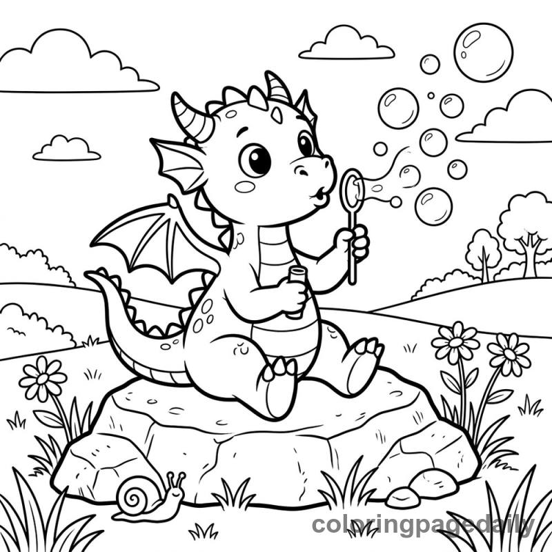 Baby Dragon Bubbles - Daily printable coloring page in Mythical Creature category