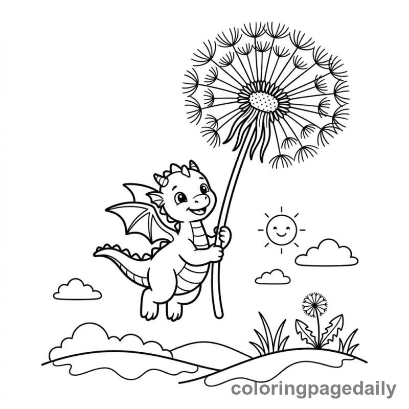 Baby Dragon's Dandelion Flight - Daily printable coloring page in Mythical Creature category