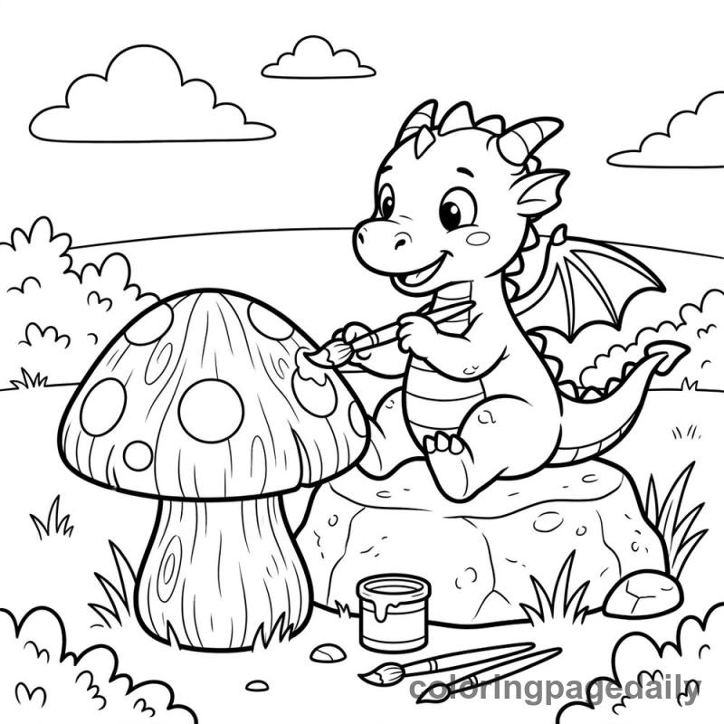 Baby Dragon Painting Toy Mushroom - Daily printable coloring page in Mythical Creature category