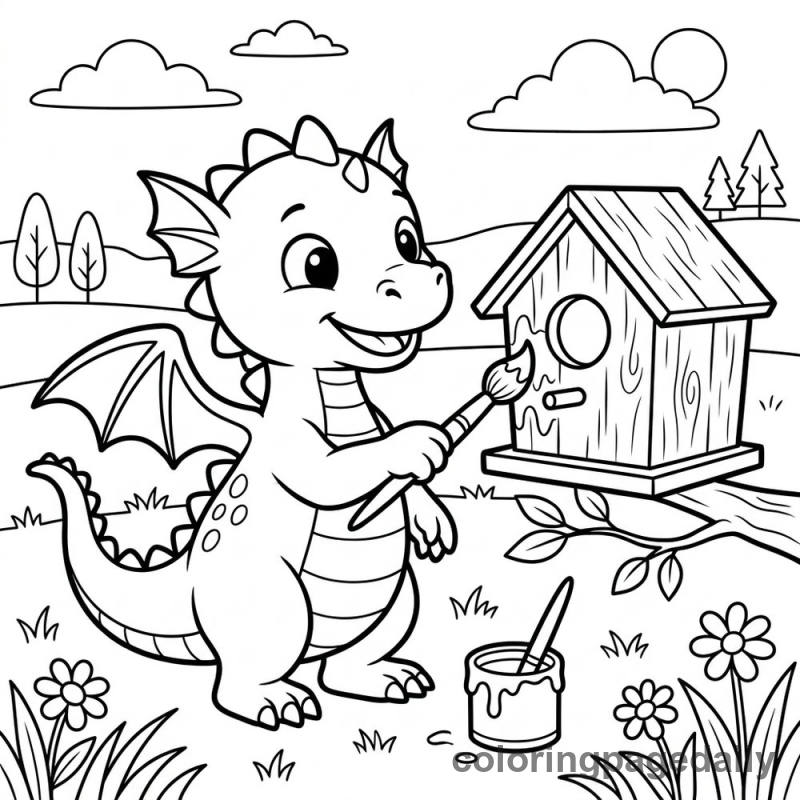 Baby Dragon Paints Birdhouse - Daily printable coloring page in Mythical Creature category