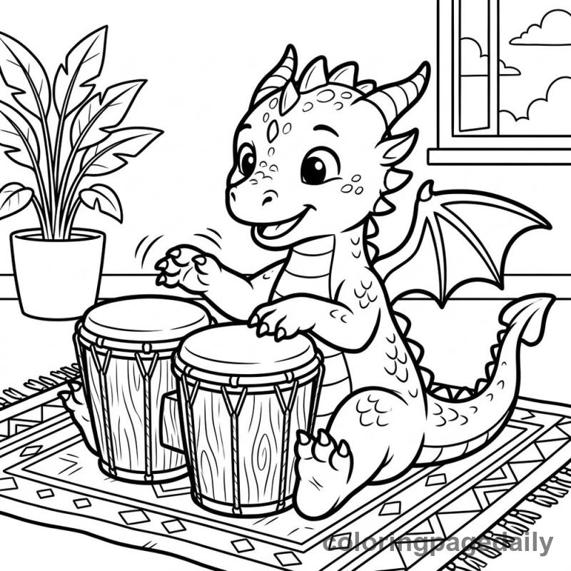 Baby Dragon Playing Bongo - Daily printable coloring page in Mythical Creature category