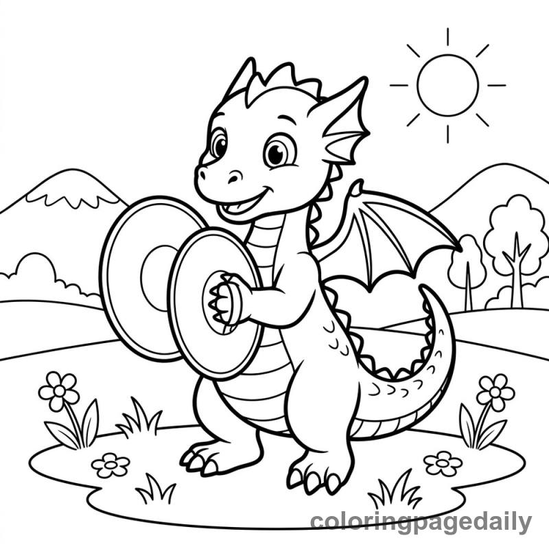 Baby Dragon Playing Cymbals - Daily printable coloring page in Mythical Creature category