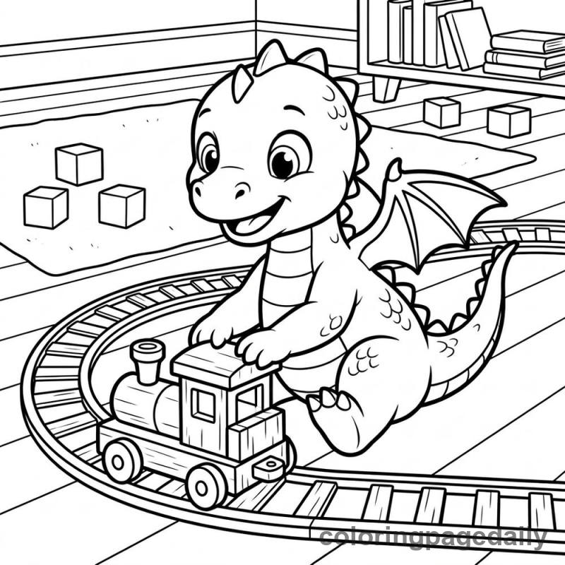 Baby Dragon Playing Train - Colored reference example