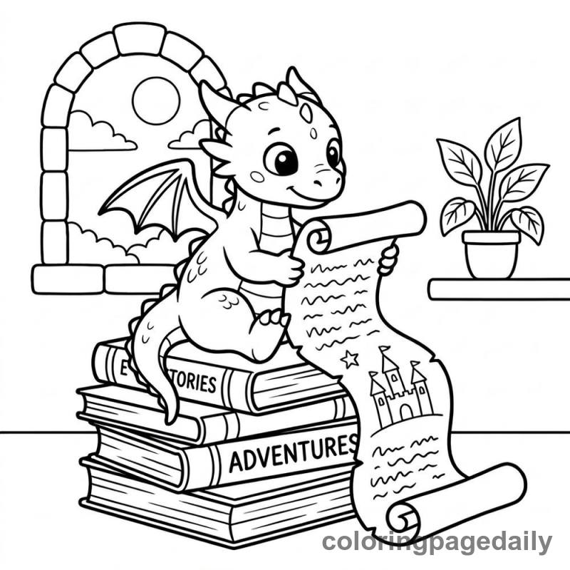 Baby Dragon Reading Scroll - Colored reference example