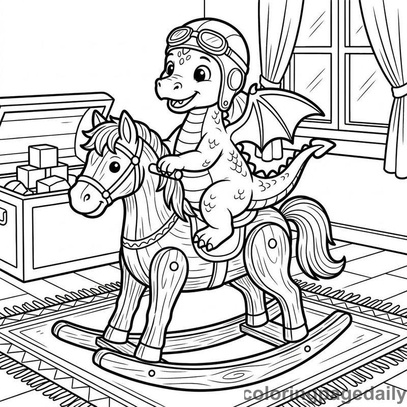 Baby Dragon Riding Rocking Horse - Daily printable coloring page in Mythical Creature category