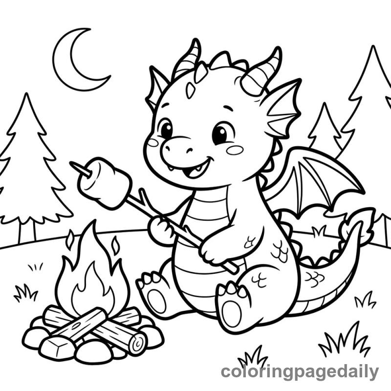 Baby Dragon Roasting Marshmallow - Daily printable coloring page in Mythical Creature category