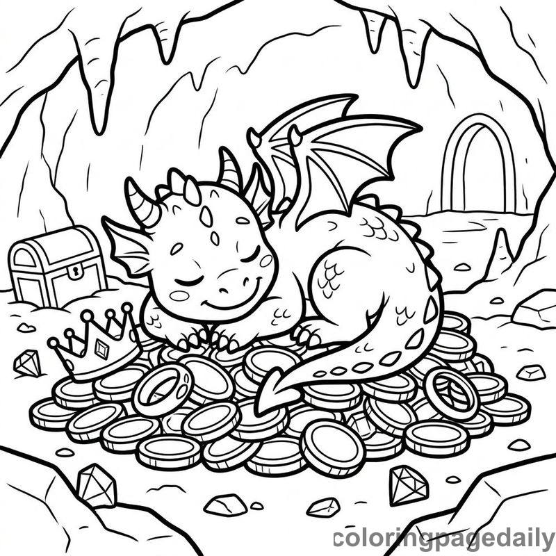 Baby Dragon Sleeping on Gold - Daily printable coloring page in Mythical Creature category