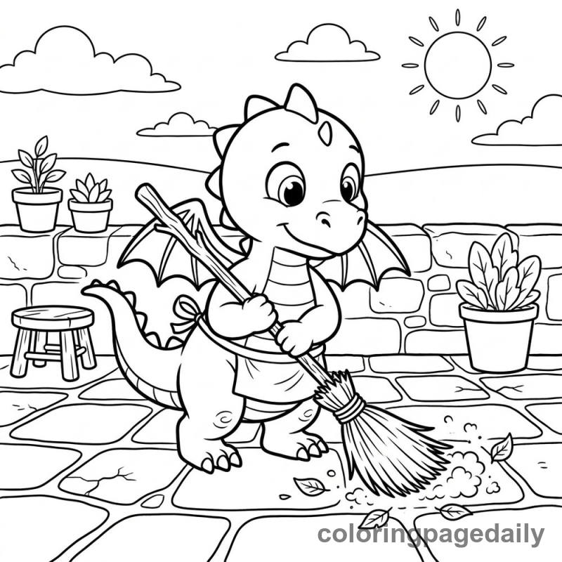 Baby Dragon Sweeping Floor - Daily printable coloring page in Mythical Creature category