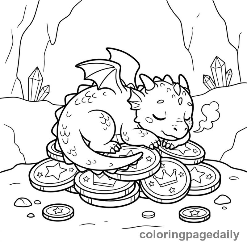 Baby Dragon's Treasure Nap - Daily printable coloring page in Mythical Creature category
