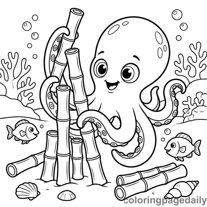 Baby Kraken Building Bamboo Tower - Colored reference example