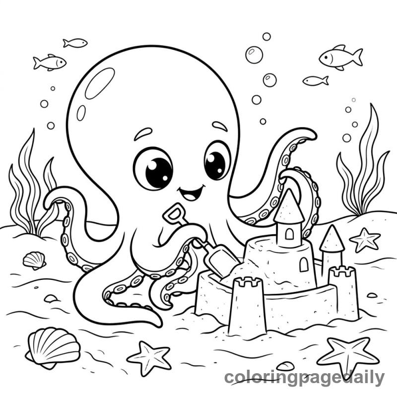 Ollie the Baby Kraken’s Underwater Sandcastle Adventure - story illustration coloring page