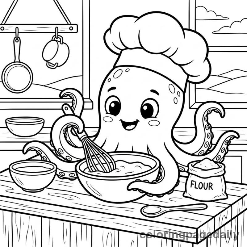 Baby Kraken Chef Cooking - Daily printable coloring page in Mythical Creature category