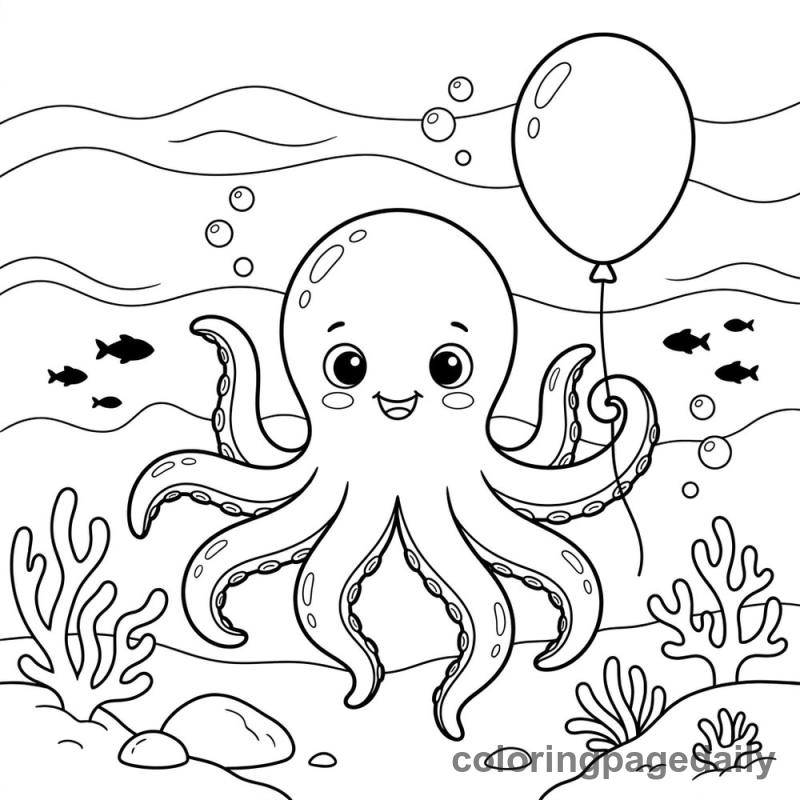 Baby Kraken Holding Balloon - Daily printable coloring page in Mythical Creature category