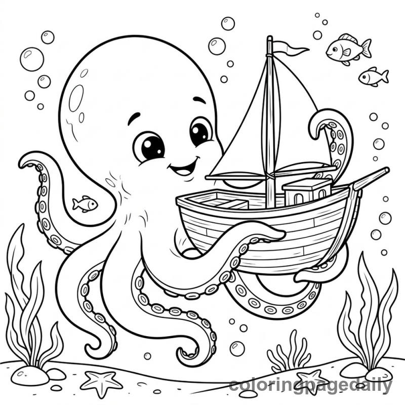 Baby Kraken Hugging Boat - Colored reference example