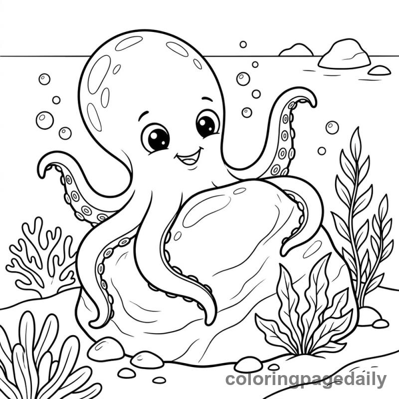 Baby Kraken Hugs a Rock - Daily printable coloring page in Mythical Creature category
