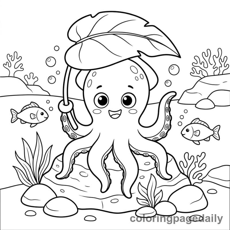Baby Kraken Leaf Umbrella - Daily printable coloring page in Mythical Creature category