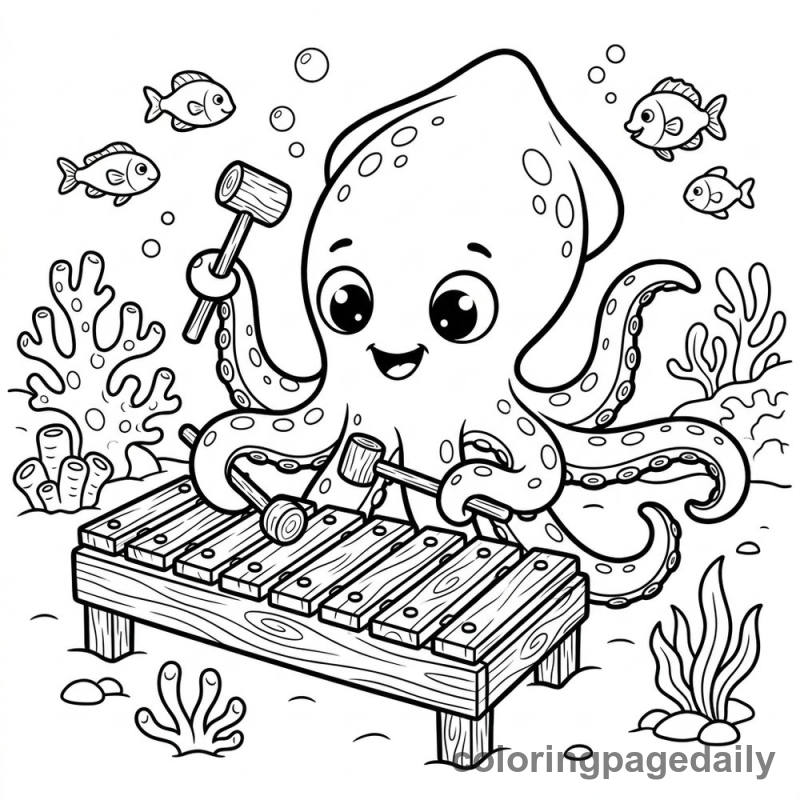 Baby Kraken Musician - Daily printable coloring page in Mythical Creature category