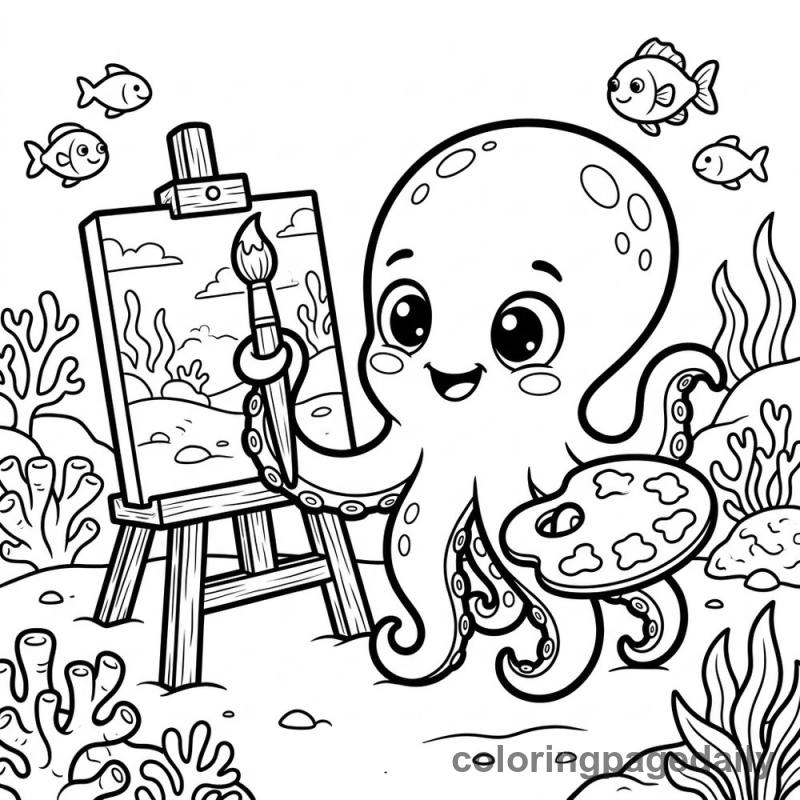 Baby Kraken Painting - Daily printable coloring page in Mythical Creature category
