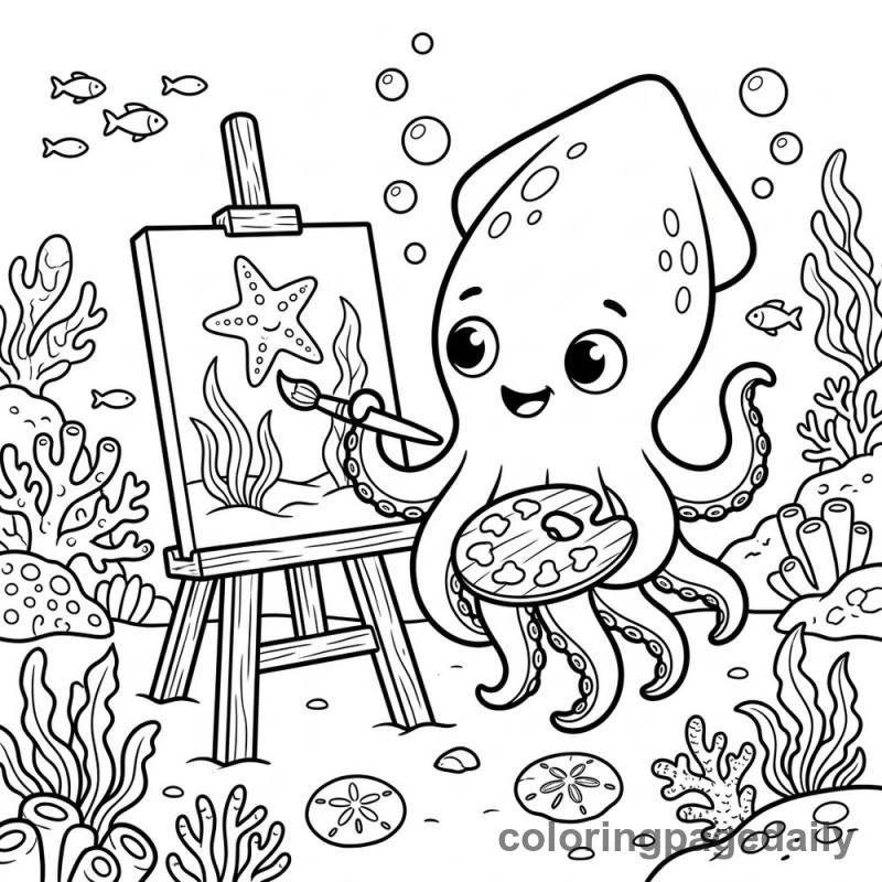 Baby Kraken Painting Underwater - Daily printable coloring page in Mythical Creature category