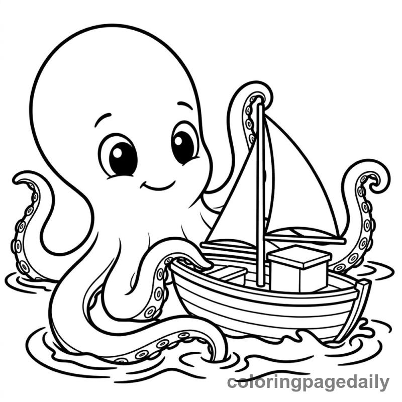 Baby Kraken Playing Boat - Daily printable coloring page in Mythical Creature category