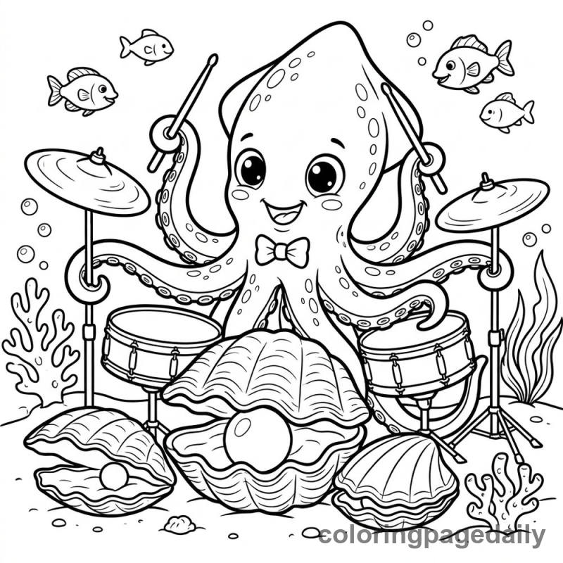 Baby Kraken Playing Coral Drums - Daily printable coloring page in Mythical Creature category
