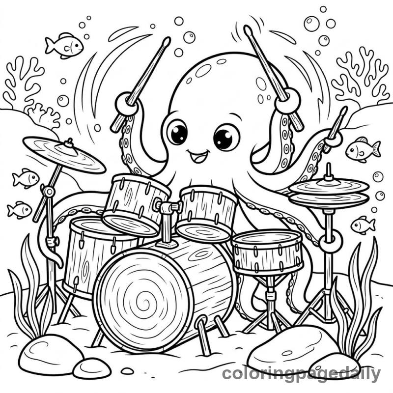 Baby Kraken Playing Drums - Daily printable coloring page in Mythical Creature category