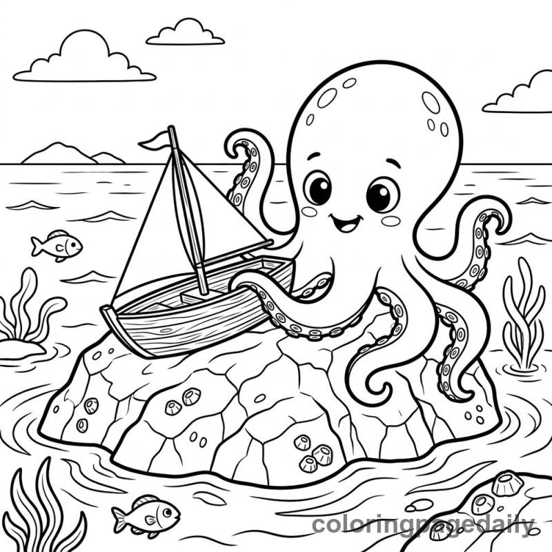Baby Kraken Playing Sailboat - Daily printable coloring page in Mythical Creature category