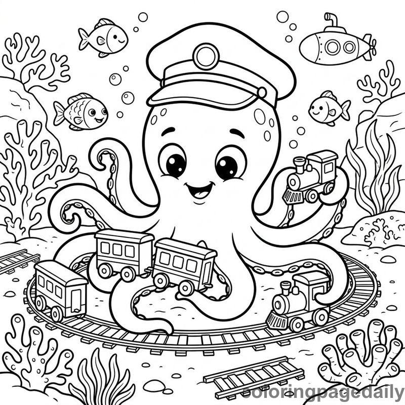 Baby Kraken Playing Trains - Daily printable coloring page in Mythical Creature category