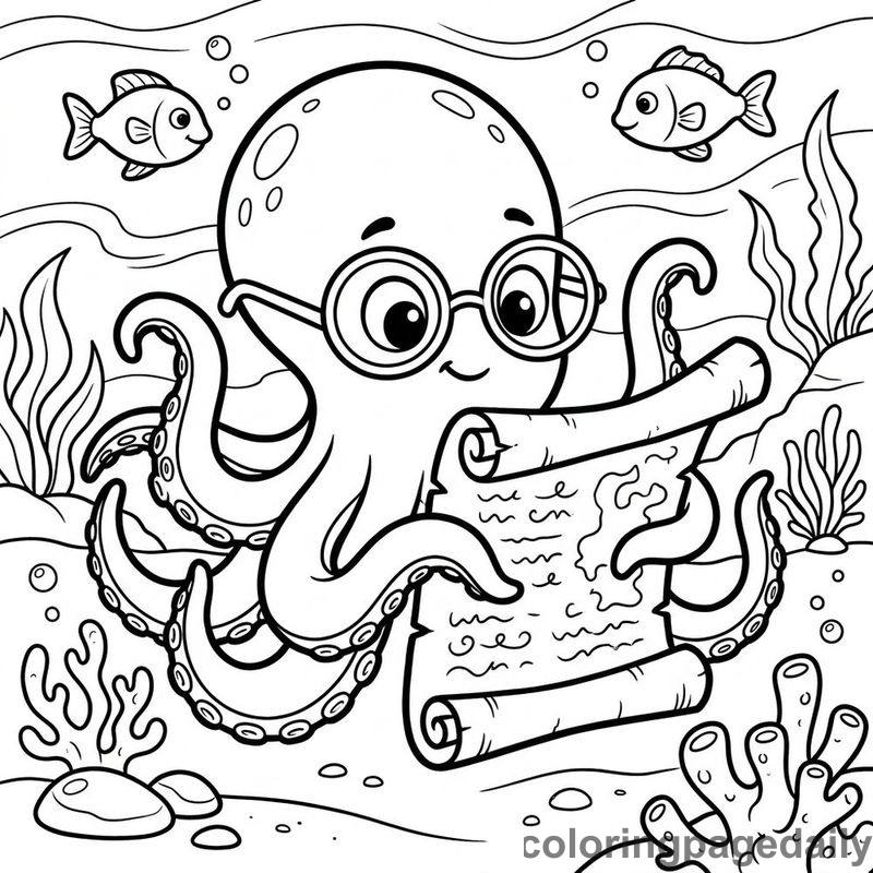 Baby Kraken Reading Scroll - Daily printable coloring page in Mythical Creature category