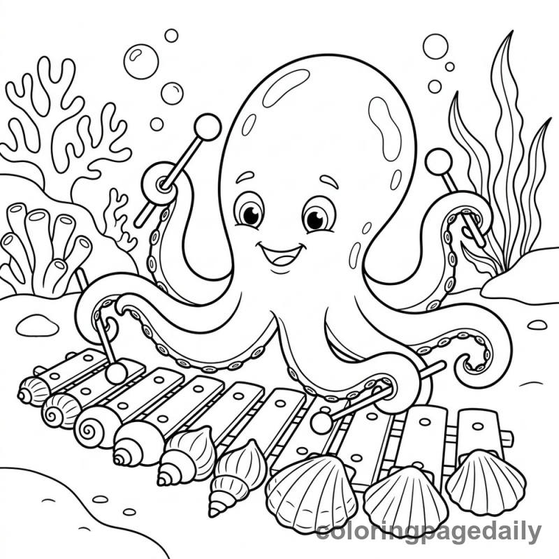 Baby Kraken's Shell Xylophone - Daily printable coloring page in Mythical Creature category
