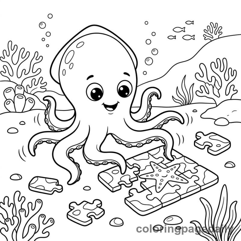 Baby Kraken Solving Stone Puzzle - Daily printable coloring page in Mythical Creature category