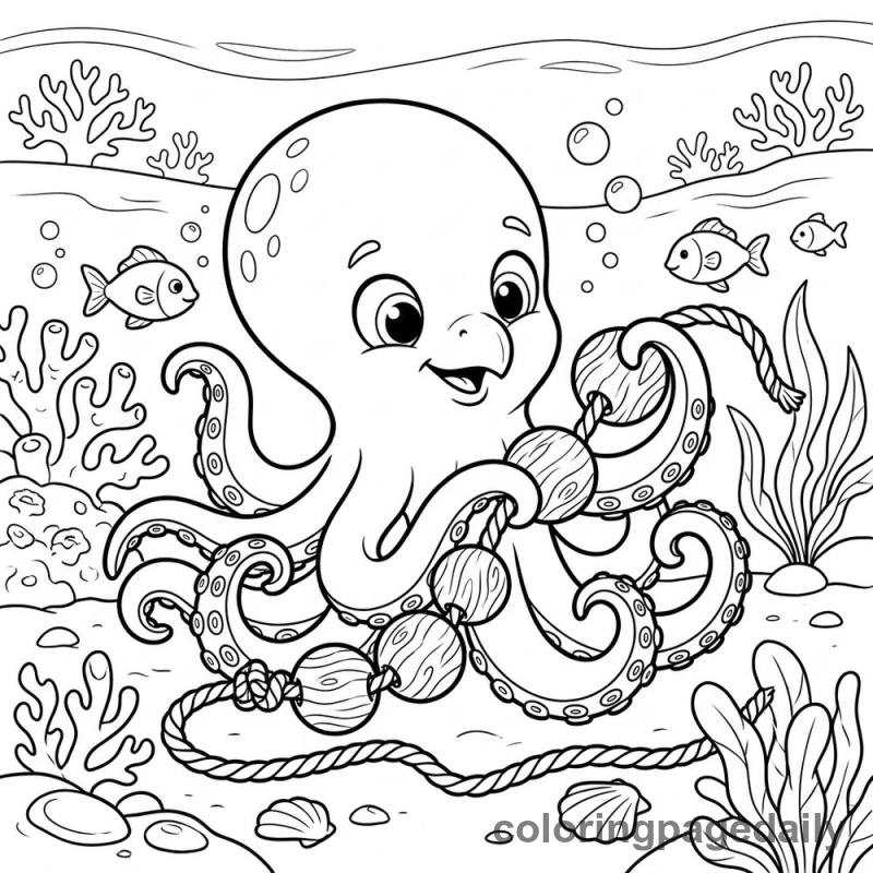 Baby Kraken Stringing Beads - Daily printable coloring page in Mythical Creature category